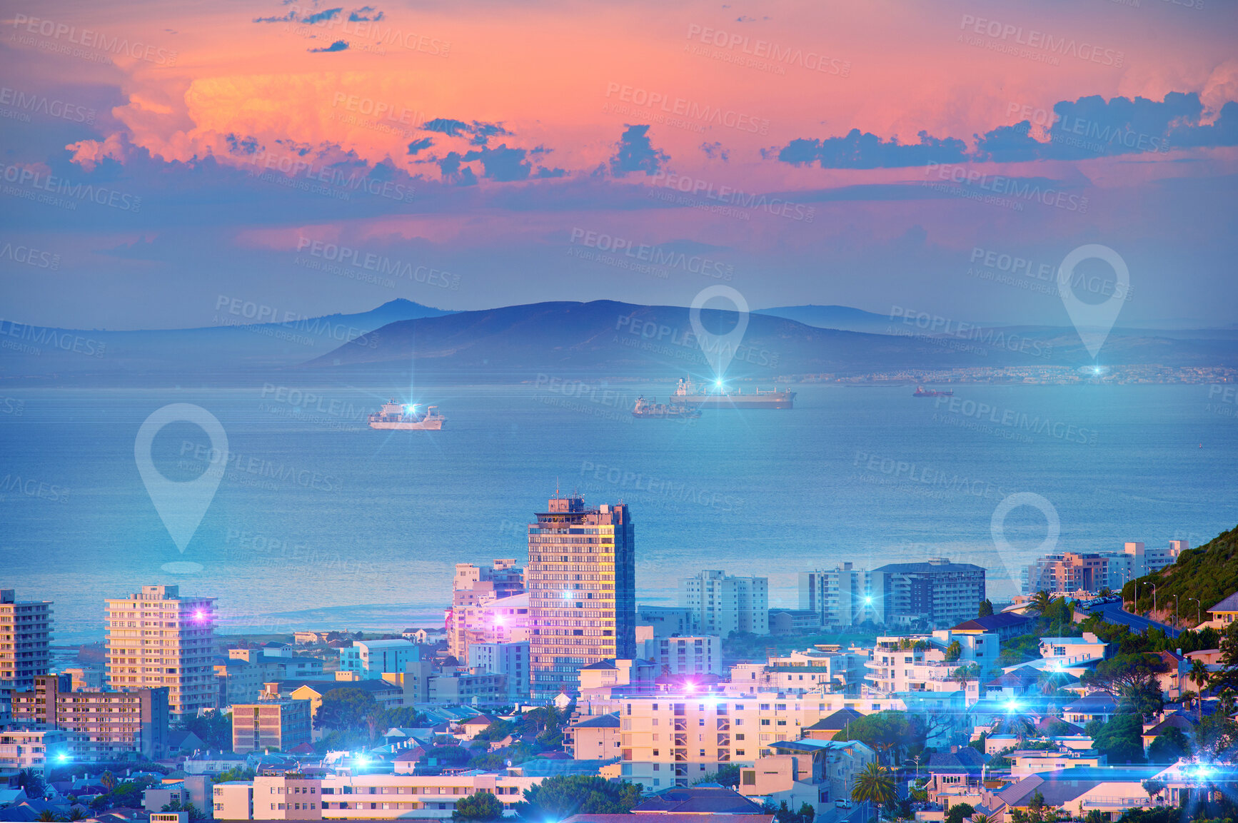 Buy stock photo Direction, connection and city with location icon, route and marker for travelling, future and direction. Destination symbol, technology and town with buildings, maps and innovation with hologram