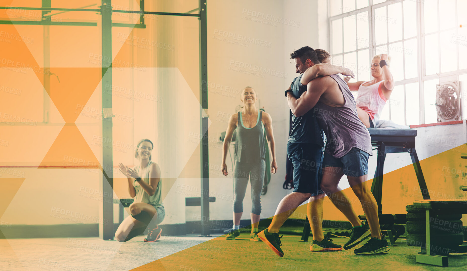 Buy stock photo Gym, fitness and hug to celebrate success with exercise, workout and training goals or win. Sports men and women happy for power challenge, support or achievement at wellness club with mockup overlay