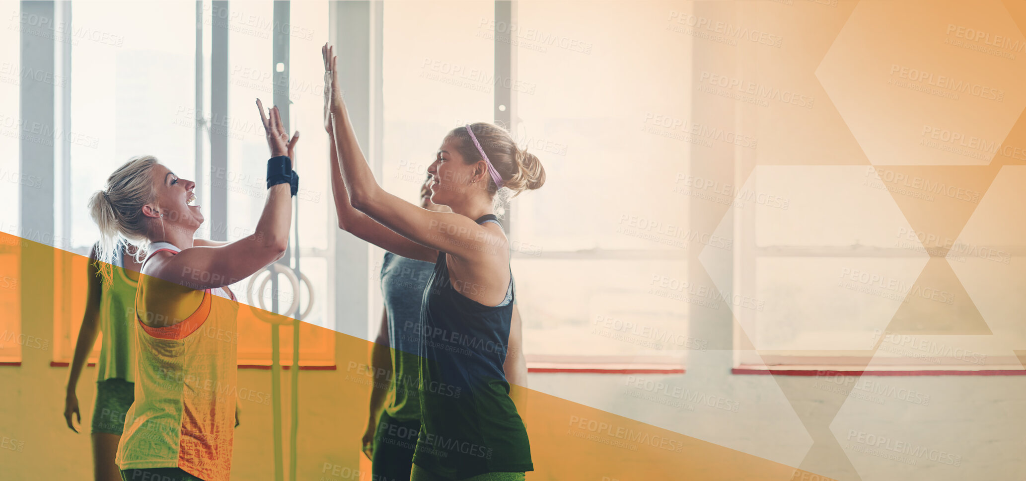 Buy stock photo Fitness group, gym and high five for exercise, workout and training mockup space. Diversity sports women together to celebrate win, overlay and strong muscle motivation at health and wellness club