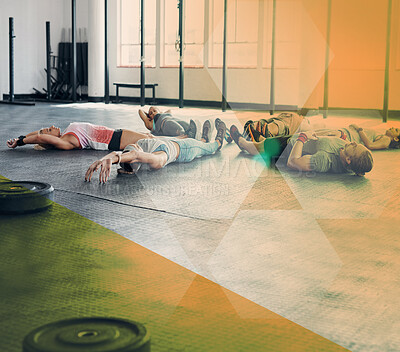 Buy stock photo Fitness, exercise and group of people lying in circle for workout, training or relax in class. Athlete men and women together for challenge, commitment and rest or meditation at club with overlay
