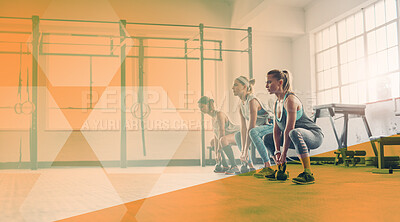 Buy stock photo Fitness, kettlebell and women group at gym for exercise, workout and focus on training. Athlete team or people together for power challenge, lunge and strong muscle at health club with mockup overlay