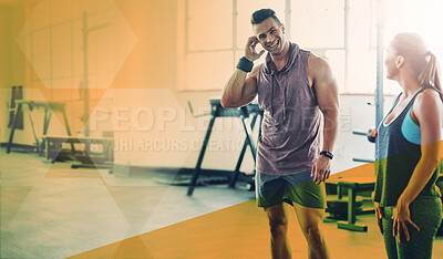 Buy stock photo Man, woman and talking about fitness at gym while happy or shy for conversation about health and wellness. Athlete people or team together at club for training workout or exercise with mockup overlay