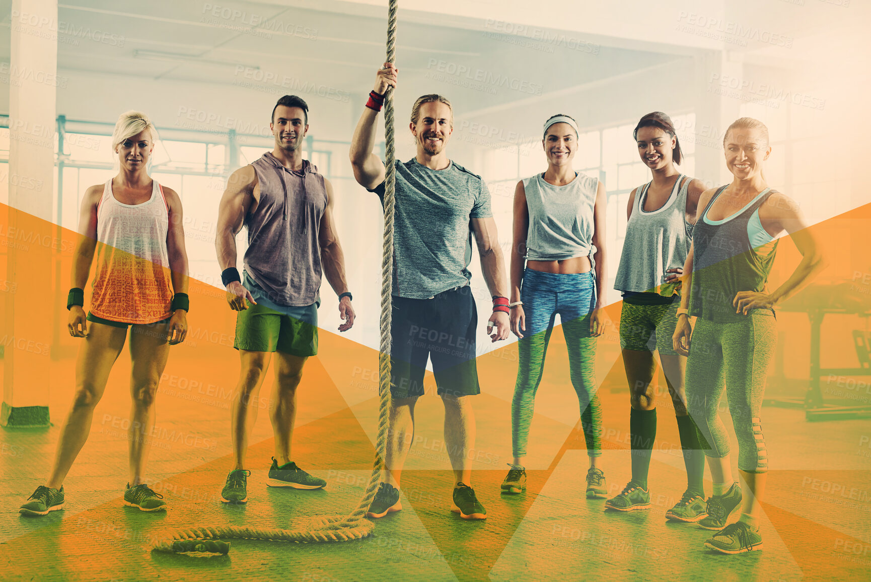 Buy stock photo Fitness group, gym portrait and overlay for exercise, workout and training with a rope. Diversity sports men and women together for power, energy and muscle motivation at a health and wellness club