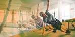 Side plank, fitness and group of people exercise, workout and training in gym class. Athlete men and women team together for power challenge, commitment or strong muscle at wellness club with overlay