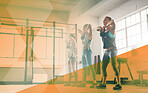 Kettlebell, fitness and women at gym for exercise, workout and training goals. Athlete group or team together for power challenge, motivation and strong muscle at health club with mockup overlay