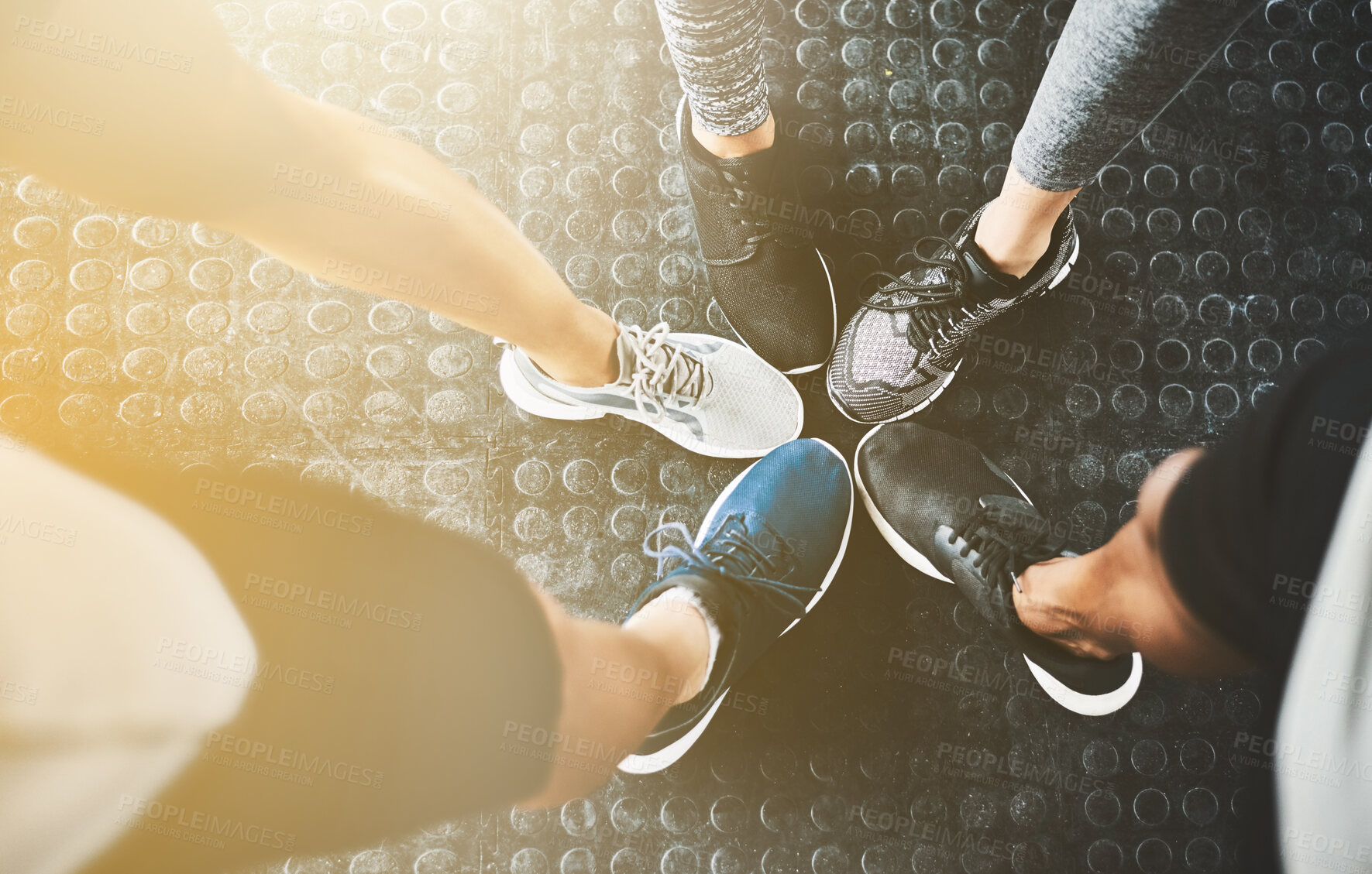 Buy stock photo Feet, shoes and training in circle for fitness or exercise with solidarity for workout with teamwork. Group, class and sneakers for cardio with people to support for motivation and a commitment. 