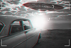 UFO, alien and viewfinder on a camcorder screen to record a flying saucer in the sky over area 51. Camera, car and conspiracy theory with a spaceship on a recording device display outdoor in nature