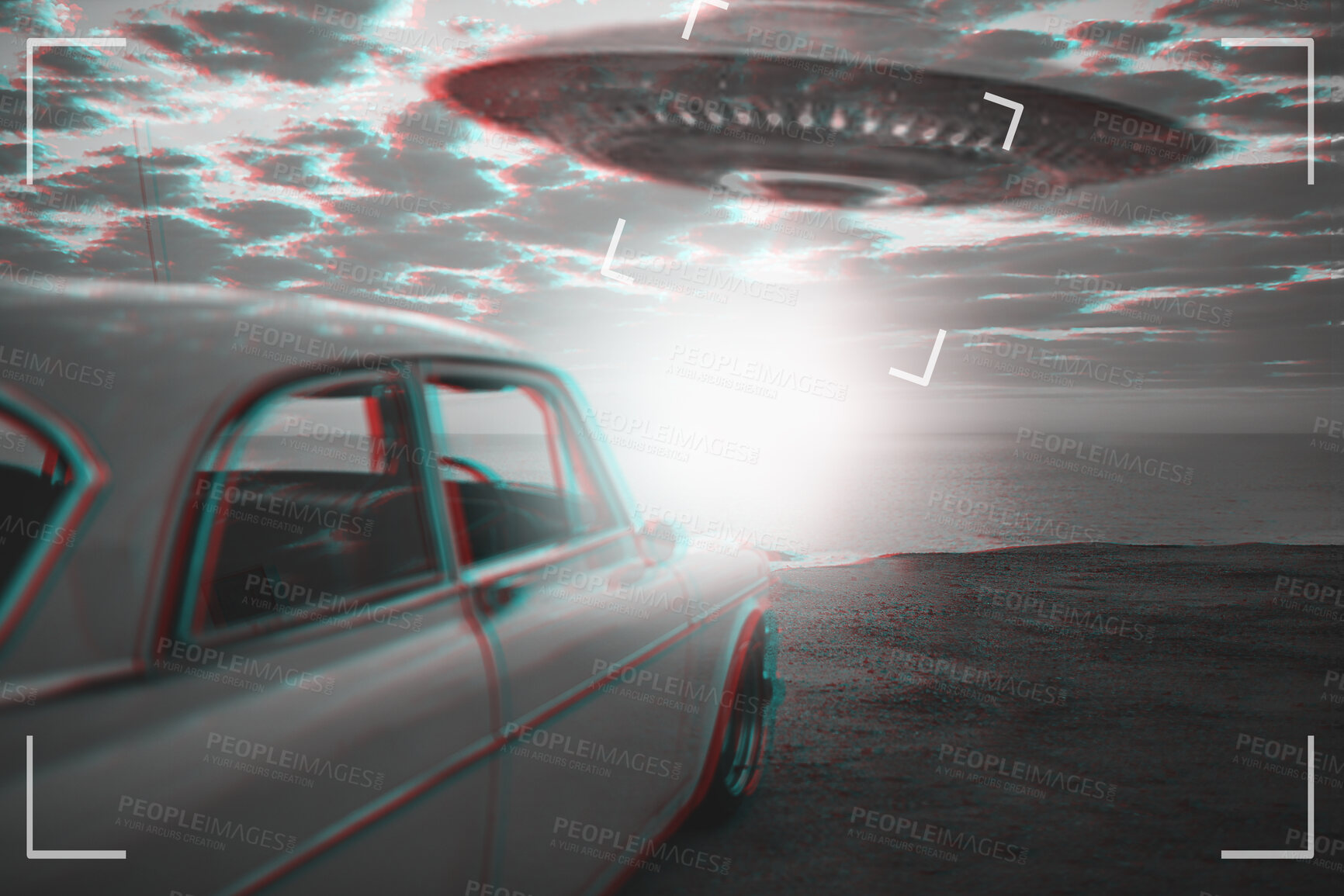 Buy stock photo UFO, alien and viewfinder on a camcorder screen to record a flying saucer in the sky over area 51. Camera, car and conspiracy theory with a spaceship on a recording device display outdoor in nature