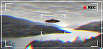 UFO, alien and camcorder viewfinder with a spaceship flying in the sky over area 51 for an invasion. Camera, spacecraft and conspiracy theory with a saucer on a display to record a sighting of aliens