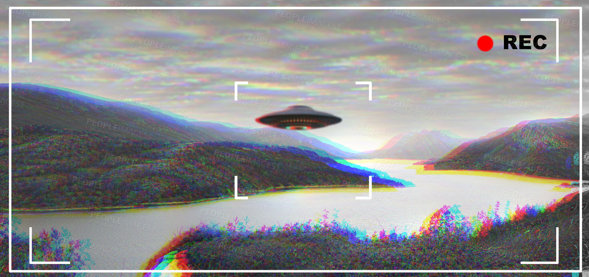 Buy stock photo UFO, alien and camcorder viewfinder with a spaceship flying in the sky over area 51 for an invasion. Camera, spacecraft and conspiracy theory with a saucer on a display to record a sighting of aliens