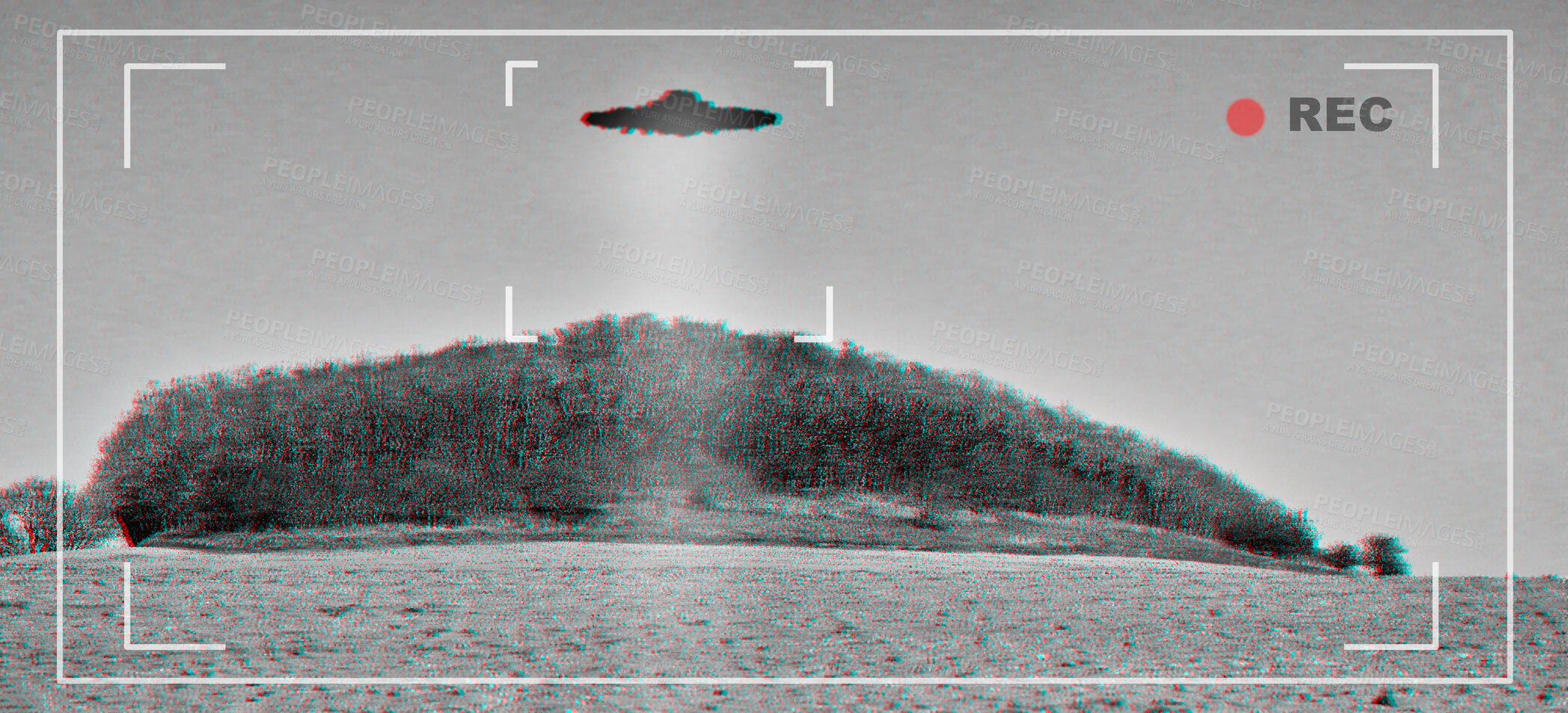 Buy stock photo UFO, alien and viewfinder on a camera screen to record a flying saucer in the sky over area 51. Camcorder, sighting and conspiracy with a spaceship on a recording device display outdoor in nature