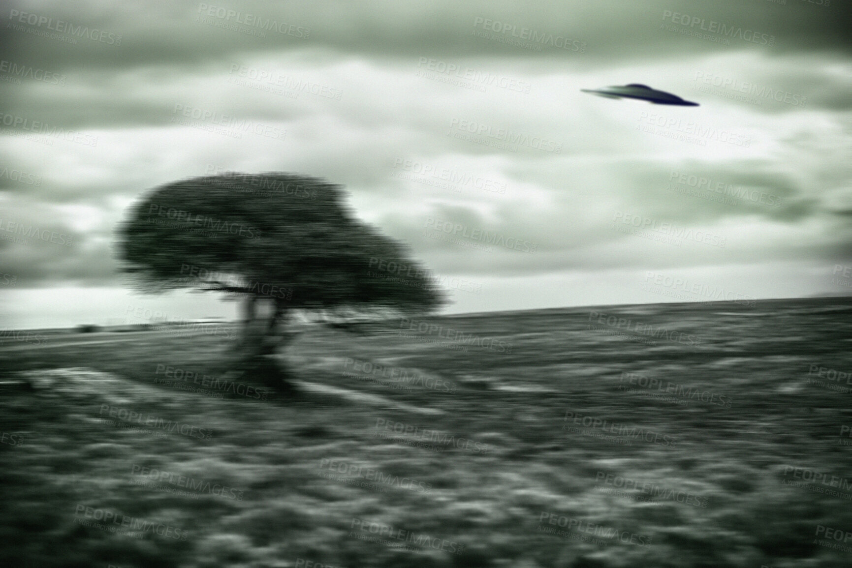 Buy stock photo UFO, spaceship and nature for alien invasion, fantasy and science fiction with tree in field. Earth, aliens or environment, landscape and countryside with extraterrestrial drone in motion blur