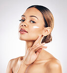 Skincare, portrait and woman with face cream in studio for cosmetic, wellness or hydration on grey background. Facial, beauty and female model relax with sunscreen, moisturizer or collagen mask