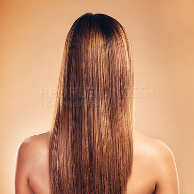 Buy stock photo Woman, hair and beauty with hairstyle and back view, haircare and keratin treatment isolated on studio background. Female model with highlights, color and cosmetic care, texture and growth with shine