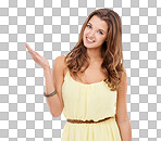 An attractive woman showing you some copyspace isolated on a png background