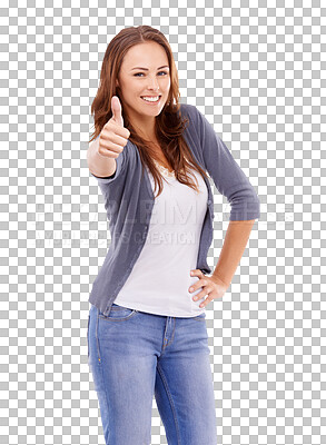 Buy stock photo Portrait, woman and thumbs up for success isolated on transparent, png background for thank you and support, like or okay. Happy casual person or winner yes, vote and agreement hands sign for winning