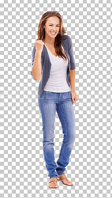 Buy stock photo Fist pump, yes and portrait of woman on png for success, winner and celebration. Yes, achievement and bonus with female model isolated on transparent background for wow, motivation and announcement