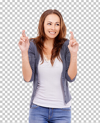 Buy stock photo Fingers crossed, happy and smile with woman on png for excited, wish and hope. Announcement, emoji and giveaway with female isolated on transparent background for good luck, bonus and news