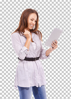 Buy stock photo Isolated woman, tablet celebration and smile for online competition, esports or win by transparent png background. Young model, winner girl and touchscreen with gambling app, web games and success