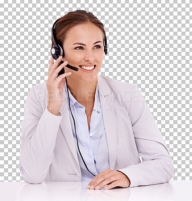 Buy stock photo Call center, communication and woman isolated on transparent, png background thinking of solution for client. Happy agent, consultant or business people with telecom ideas, vision and talking at desk