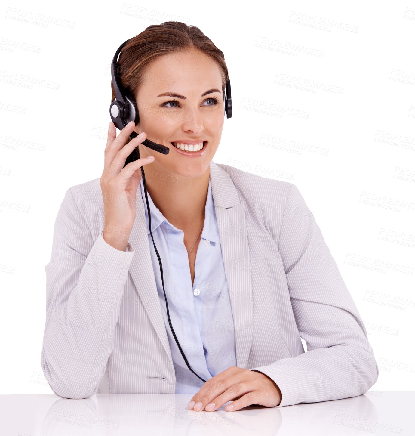 Buy stock photo Call center, communication and woman isolated on transparent, png background thinking of solution for client. Happy agent, consultant or business people with telecom ideas, vision and talking at desk