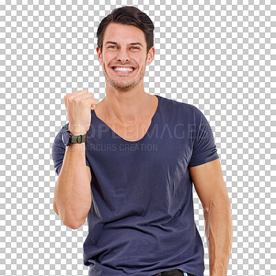 Buy stock photo Portrait, smile and man with fist celebration for good news or success or target and isolated on transparent png background. Happy, model and winner energy with celebratory hand gesture or joy