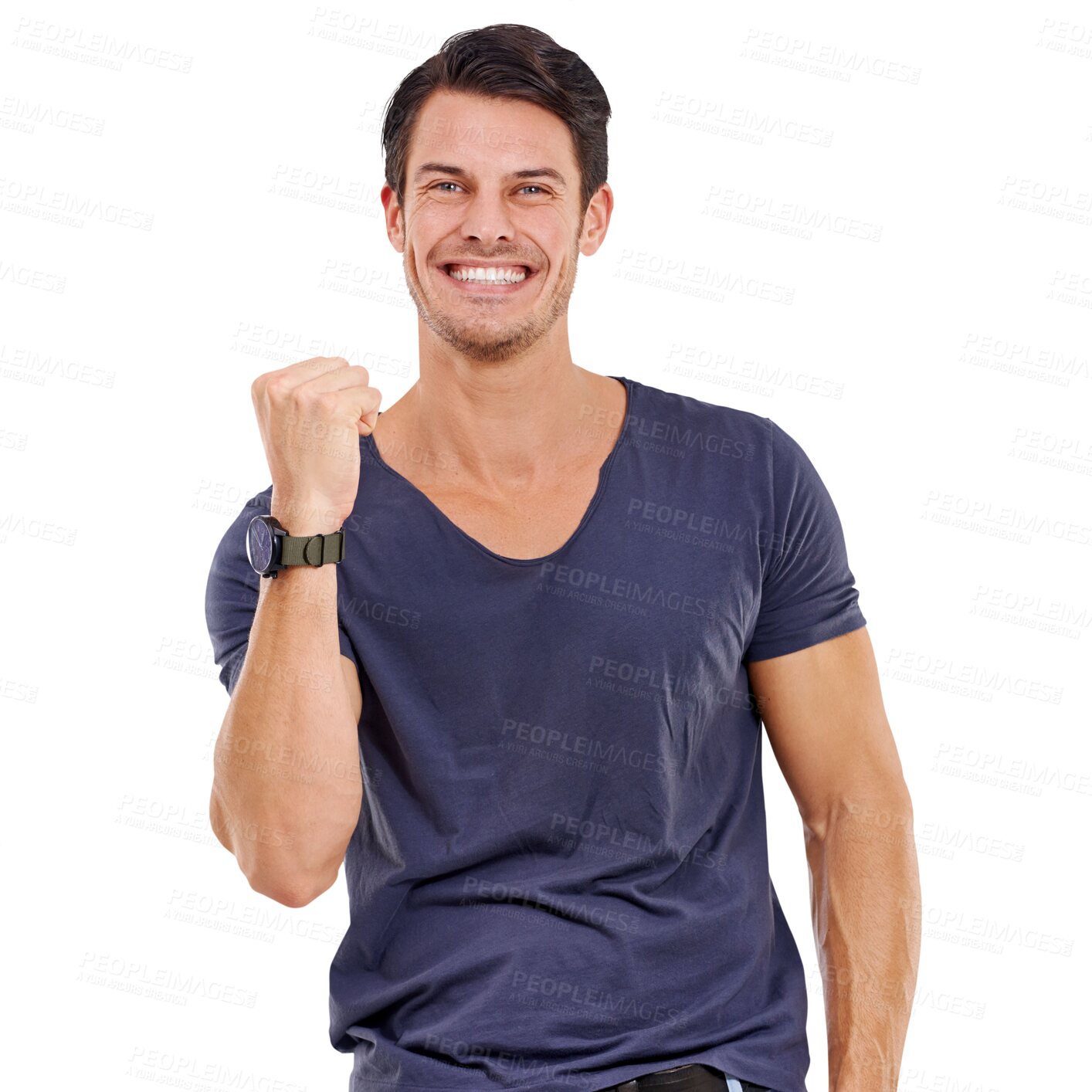 Buy stock photo Portrait, smile and man with fist celebration for good news or success or target and isolated on transparent png background. Happy, model and winner energy with celebratory hand gesture or joy