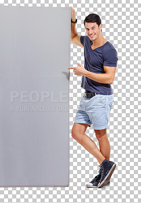 Buy stock photo Portrait, fashion and a man pointing to mockup while isolated next to a transparent background for branding. PNG, style and mock up space with a happy male person standing showing gray wall space