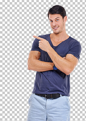 Buy stock photo Man, pointing and portrait with a smile from advertising choice isolated on a transparent, png background. Model, face and male person with a hand point for marketing promotion with confidence  