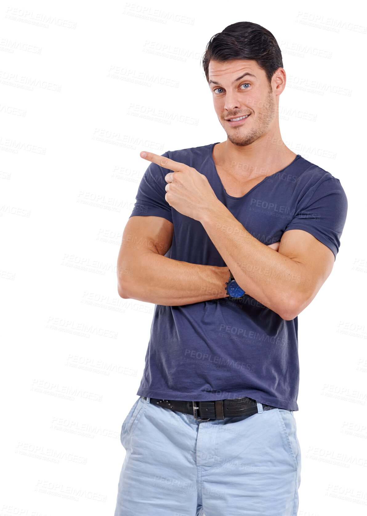 Buy stock photo Man, pointing and portrait with a smile from advertising choice isolated on a transparent, png background. Model, face and male person with a hand point for marketing promotion with confidence  