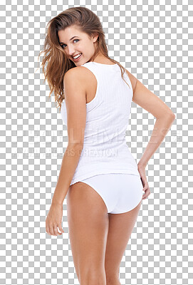 Buy stock photo Portrait, back and cute with a woman in underwear isolated on a transparent background for sexy style. Beauty, feminine and turn with an attractive young female model looking over her shoulder on PNG