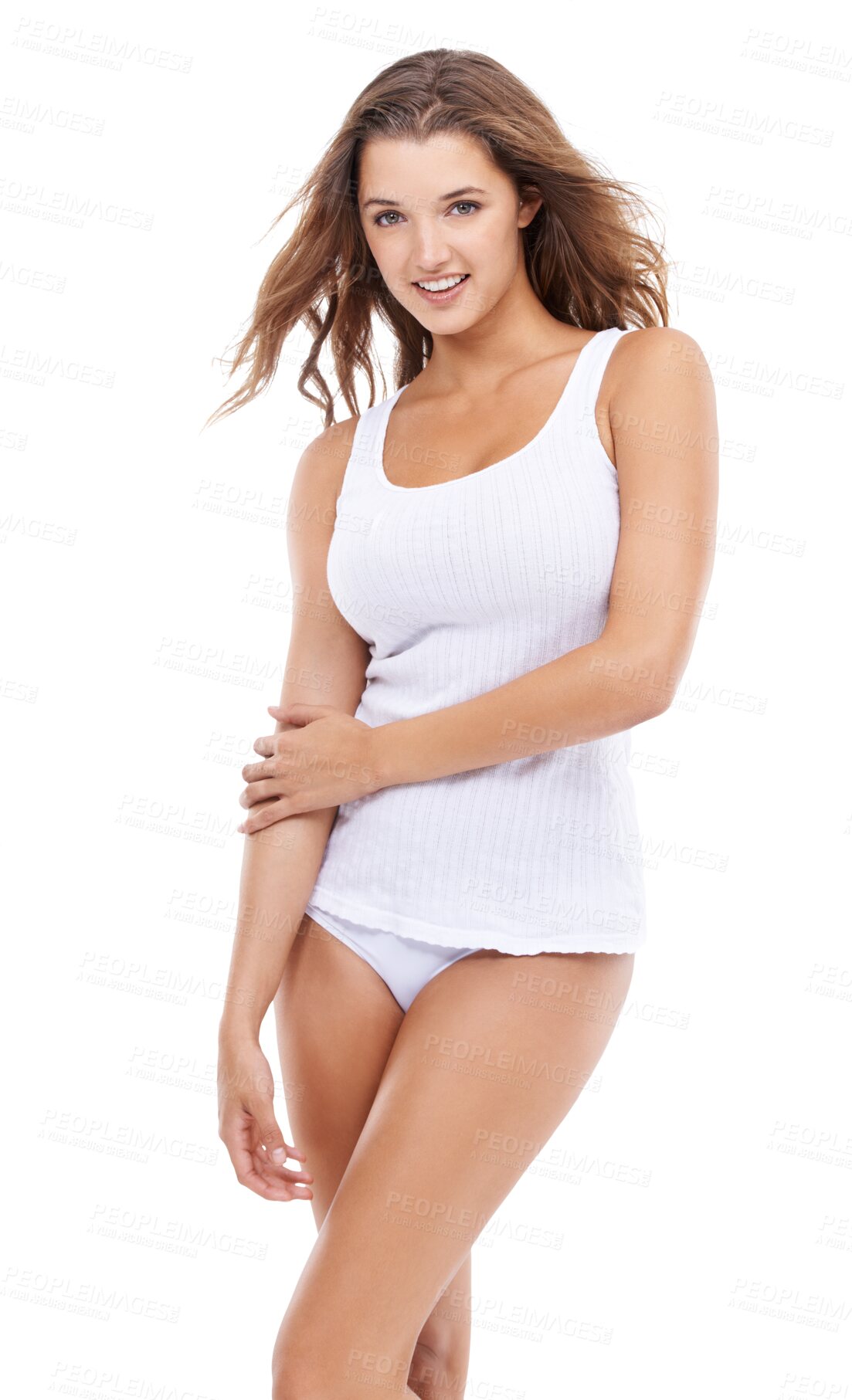 Buy stock photo Portrait, body and flirt with a woman in underwear isolated on a transparent background for sexy style. Beauty, feminine sensuality and an attractive young female model flirting in pajamas on PNG