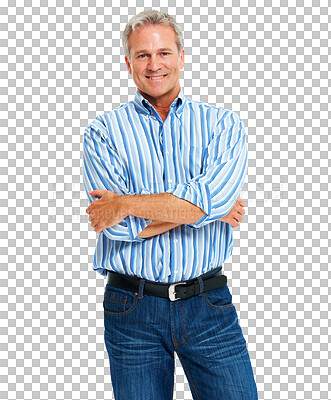 Buy stock photo Mature man, casual business and portrait with arms crossed and confidence isolated on a transparent, png background. Happy person, entrepreneur and male model with success and happiness smile