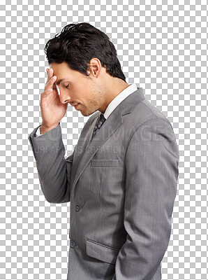 Buy stock photo Business man, frustrated and stress or headache of a tired person with depression, fail or mistake. Professional person with hand on face for corporate crisis isolated on transparent, png background