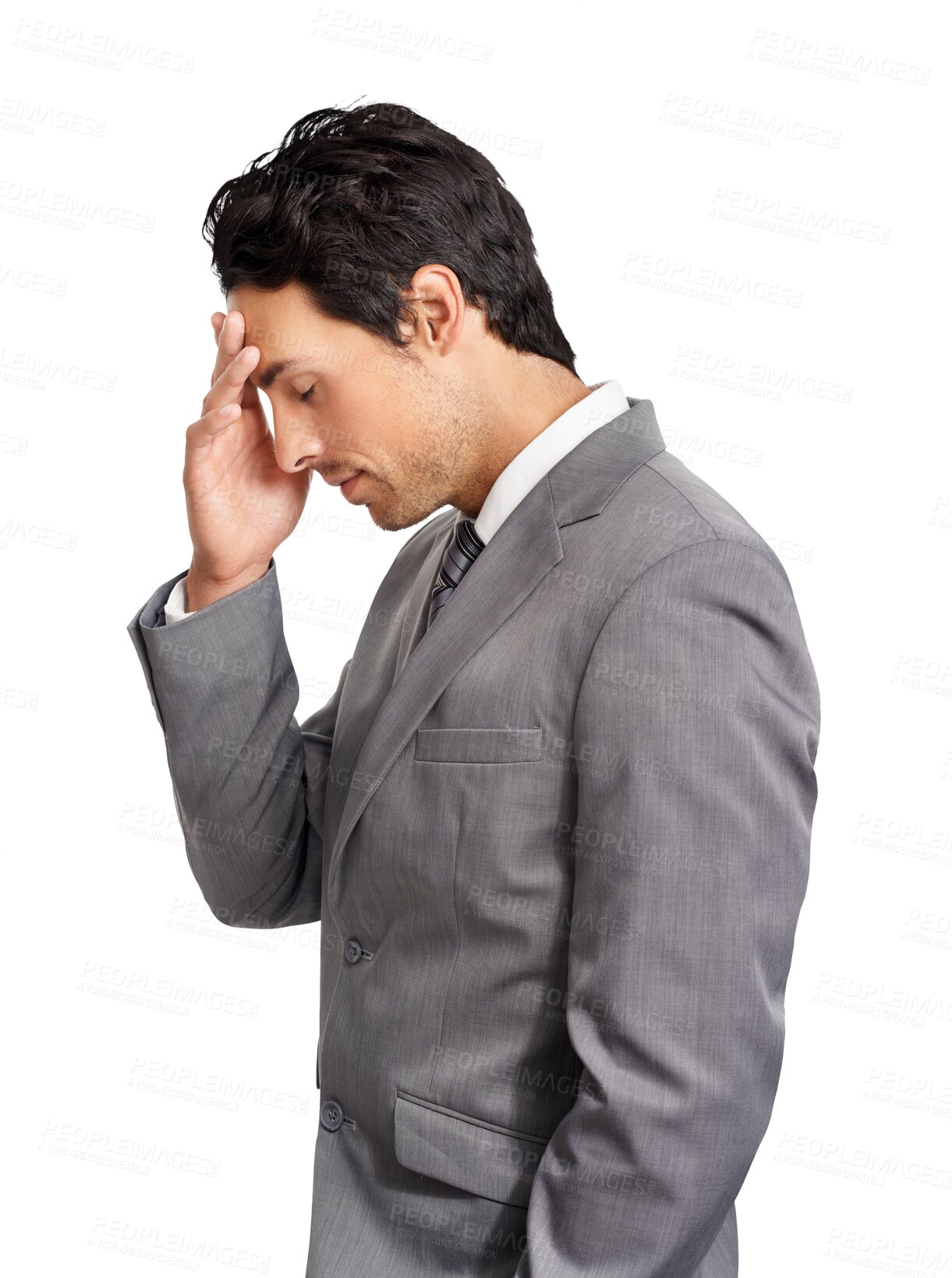 Buy stock photo Business man, frustrated and stress or headache of a tired person with depression, fail or mistake. Professional person with hand on face for corporate crisis isolated on transparent, png background