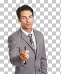 A stern businessman offering you his pen while isolated on a png background