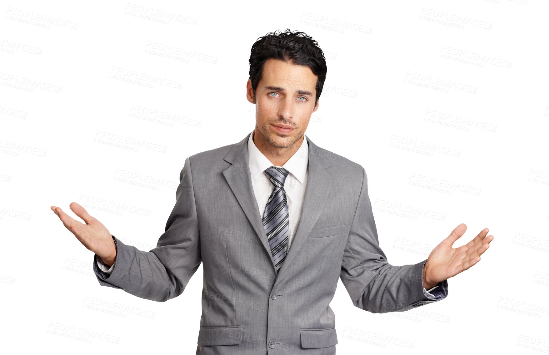 Buy stock photo Confused, open arms and portrait of business man on isolated, png and transparent background. Corporate, professional and male entrepreneur with serious, doubt and unsure for decision or choice