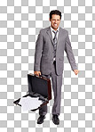 Full-length of a young executive grimacing as all his documents fall from briefcase isolated on a png background