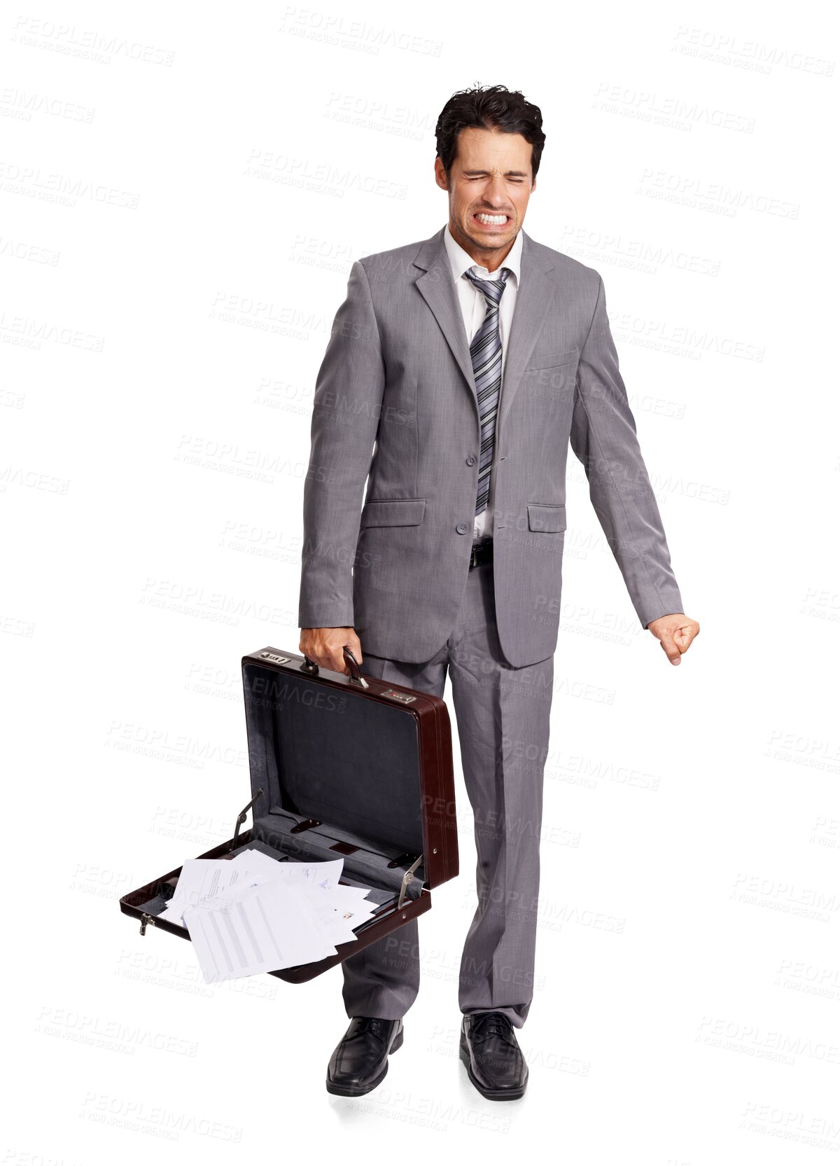 Buy stock photo Stress, businessman with suitcase and walking to work in a png or transparent background. Annoyed or disappointed person, embarrassed male in formal suit and Isolated man crying or unhappy expression