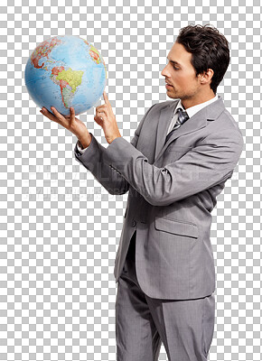 Buy stock photo Earth globe, international businessman and alone in png or transparent background. Global networking or development, communication or growth and male person standing in an isolated backdrop.