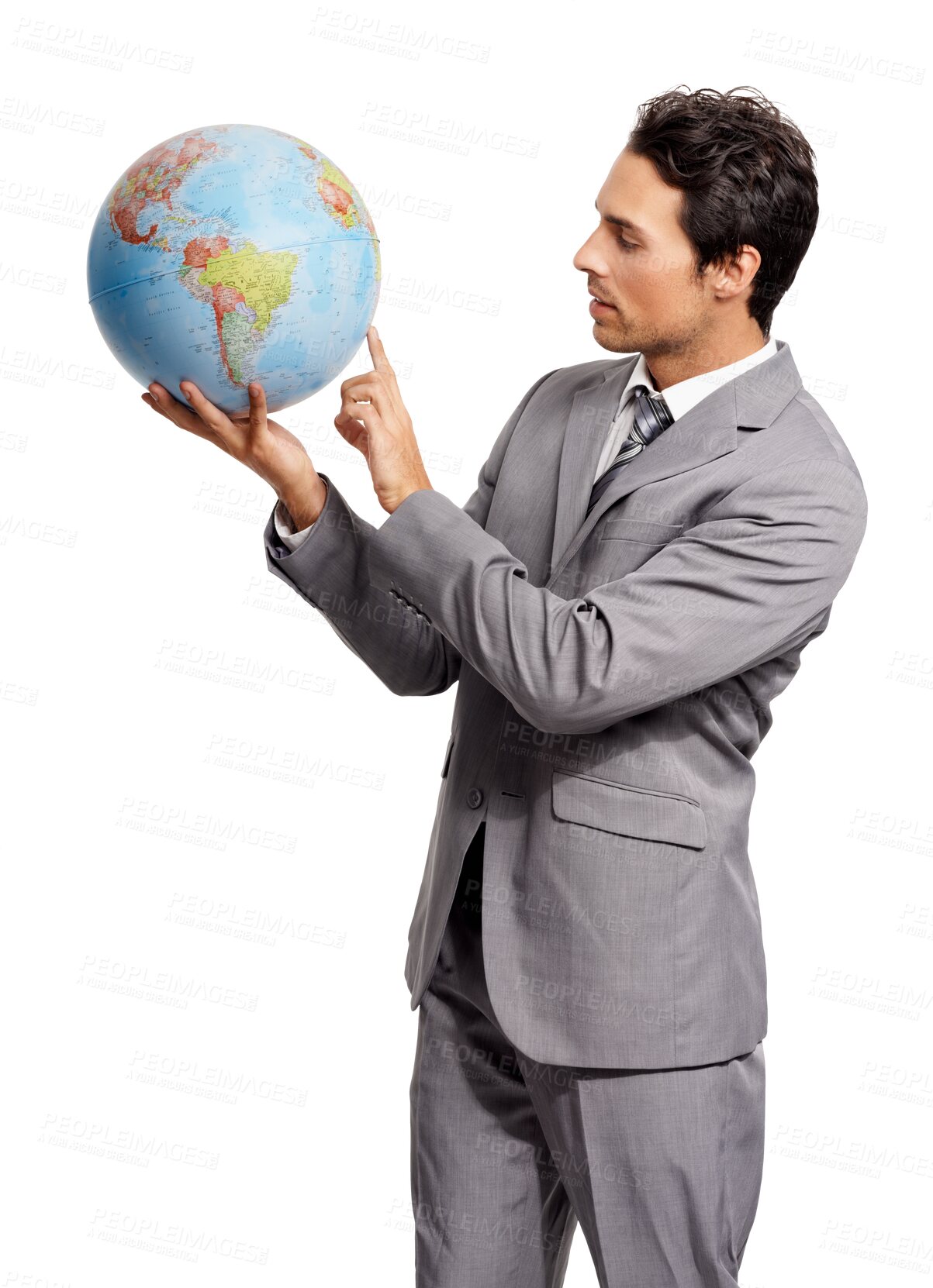 Buy stock photo Earth globe, international businessman and alone in png or transparent background. Global networking or development, communication or growth and male person standing in an isolated backdrop.