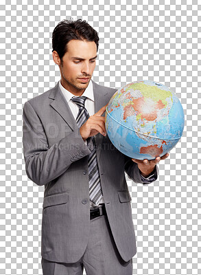 Buy stock photo Travel, globe and a corporate man pointing to a world map isolated on a transparent background for a business trip. Earth, professional and global with a male employee looking at an atlas on PNG