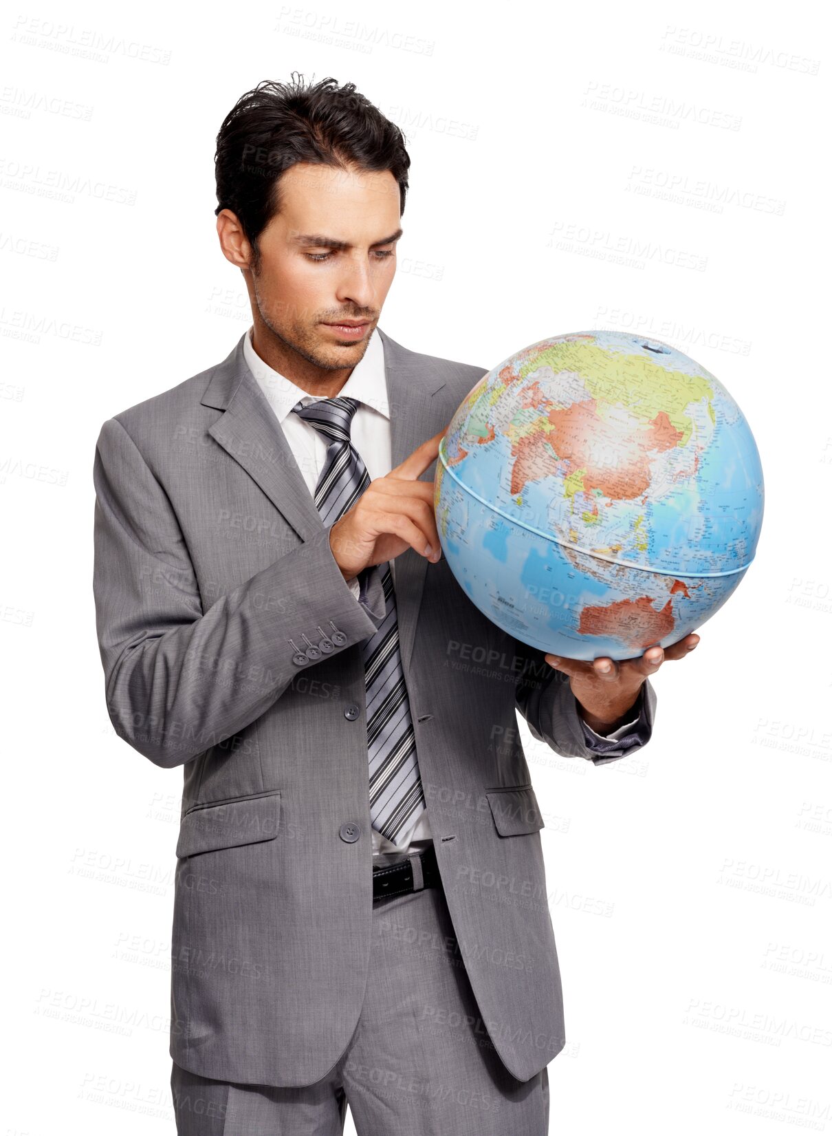 Buy stock photo Travel, globe and a corporate man pointing to a world map isolated on a transparent background for a business trip. Earth, professional and global with a male employee looking at an atlas on PNG