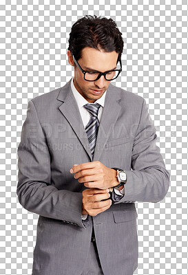 Buy stock photo Businessman, corporate dressing man in fashion formal suit on and isolated, png or transparent background. Male accountant or auditor with glasses and person standing and fixing watch on his wrist.