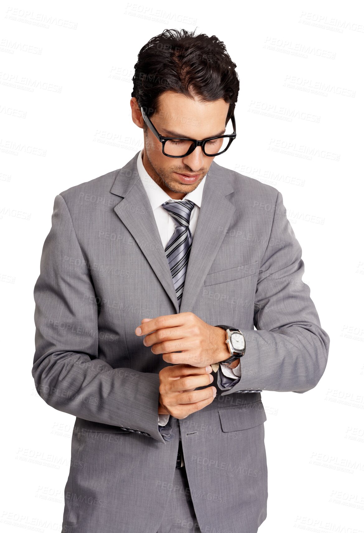 Buy stock photo Businessman, corporate dressing man in fashion formal suit on and isolated, png or transparent background. Male accountant or auditor with glasses and person standing and fixing watch on his wrist.