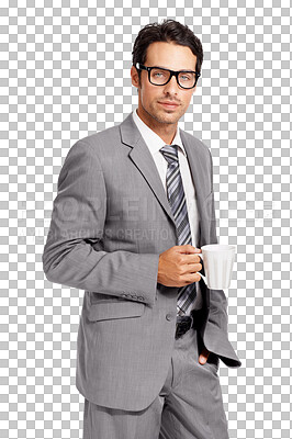 Buy stock photo Coffee break, businessman holding a mug and in png or transparent background. Glasses, person dressed in formal or smart suit and male auditor or accountant keeping a cup of hot drink or tea