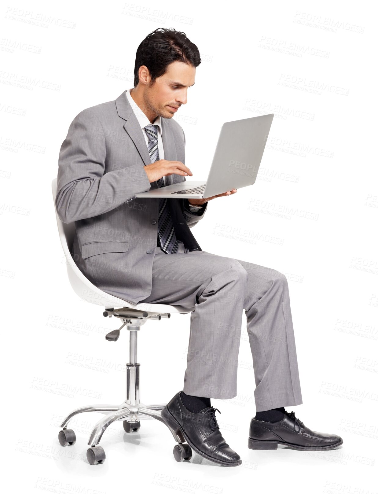 Buy stock photo Business man, laptop and working or young professional on email or investment and on transparent png background. Corporate, male trader and isolated or financial employee with pc browsing account 
