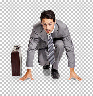 Buy stock photo Portrait, ready or businessman in a run by a briefcase for in competition for a corporate career job. Entrepreneur in starting position to begin rat race isolated on transparent png background 