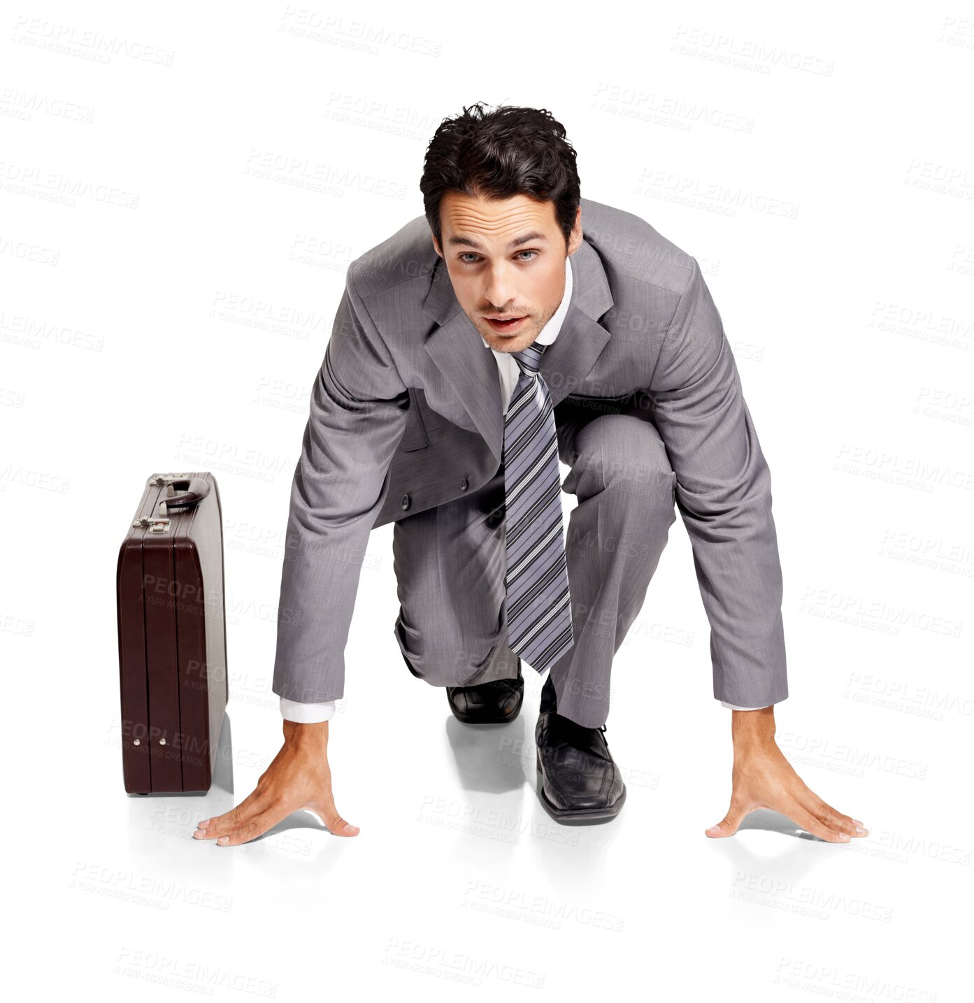 Buy stock photo Portrait, ready or businessman in a run by a briefcase for in competition for a corporate career job. Entrepreneur in starting position to begin rat race isolated on transparent png background 