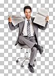 A flustered businessman fanning himself with newspapers isolated on a png background